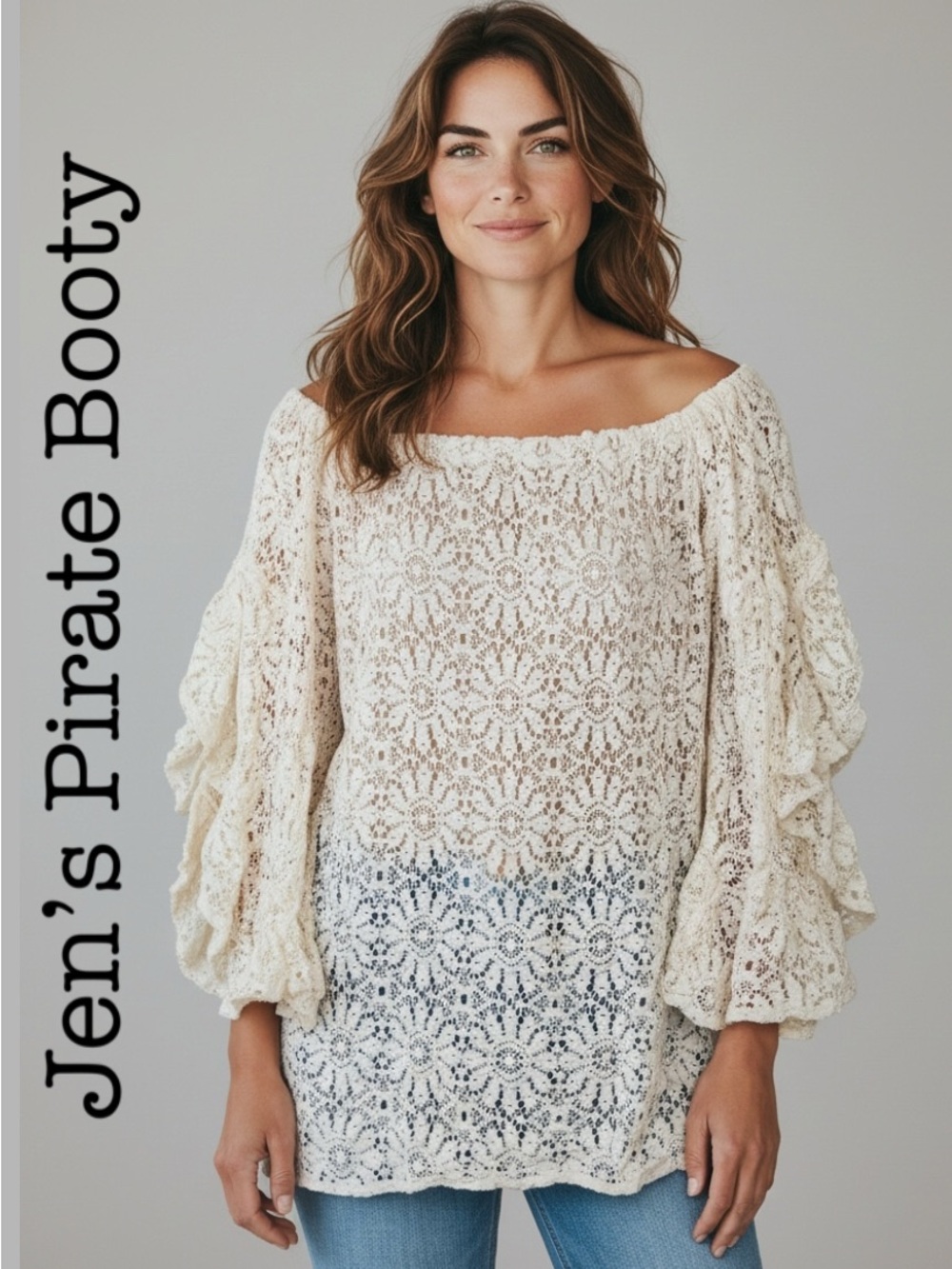 New Jens Pirate Booty Cream Crochet Lace Off-Shoulder Top Bell Sleeves Size M/L